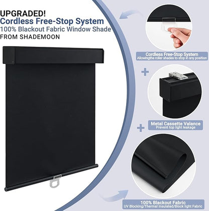 SHADEMOON Blackout Cordless Roller Shades for Windows,Free-Stop System Blind with Valance,Pull Down Room Darkening Indoor Shades,Thermal Insulated UV Blocking Fabric,Home Office(Black,51" W x 72" H)