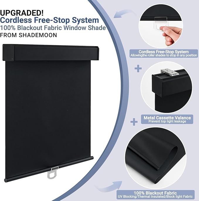 SHADEMOON Blackout Cordless Roller Shades for Windows,Free-Stop System Blind with Valance,Pull Down Room Darkening Indoor Shades,Thermal Insulated UV Blocking Fabric,Home Office(Black,29" W x 72" H)