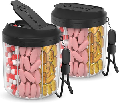 Pill Dispenser with 7 Large Compartments, 4.4" H x 3.6" Dia Pill Organizer for Travel, Supplement Organizer with Anti-Mixing Design, BPA-Free Pill Container with 20 Pcs Labels, Black 2 Pcs