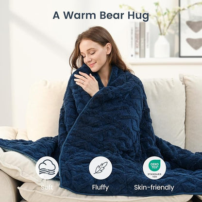 Sherpa Fleece Adult Weighted Blanket Great for Sleep, 15 lbs Dual Sided Soft Fuzzy Heavy Blankets for Couch Bed Sofa, Cozy Warm Fluffy Jacquard Throw for Winter (Navy Blue, 60" x 80", 15 Pounds)