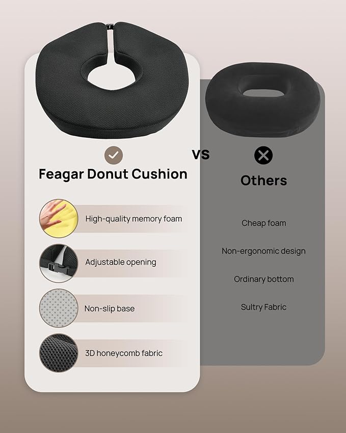 Feagar Donut Pillow Seat Cushion, X Large Memory Foam Hemorrhoid Pillow for Tailbone Pain, Sciatica & Pressure Sores Relief, Adjustable Design for Pregnancy, Postpartum, Surgery Recovery, Office Chair