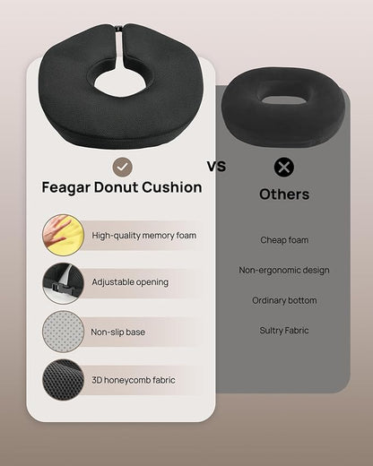 Feagar Donut Pillow Seat Cushion, X Large Memory Foam Hemorrhoid Pillow for Tailbone Pain, Sciatica & Pressure Sores Relief, Adjustable Design for Pregnancy, Postpartum, Surgery Recovery, Office Chair