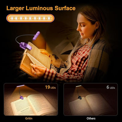 Gritin Rechargeable Book Light for Reading in Bed with 19 LED &Memory Function-Eye Caring 3 Color Temperatures,5 Brightness Levels,90 Hrs Runtime Flexible Goose Neck Clip on Light-Dark Purple