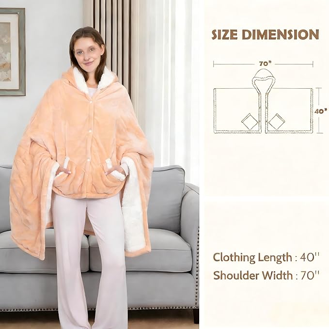 Wearable Heated Blanket, 40"x70" Eletric Throw with 6 Heating Levels and 12 Hours Timer, Heated Wrap Poncho Shawl & Hoodies with Pockets, Machine Washable with ETL Certification, Beige