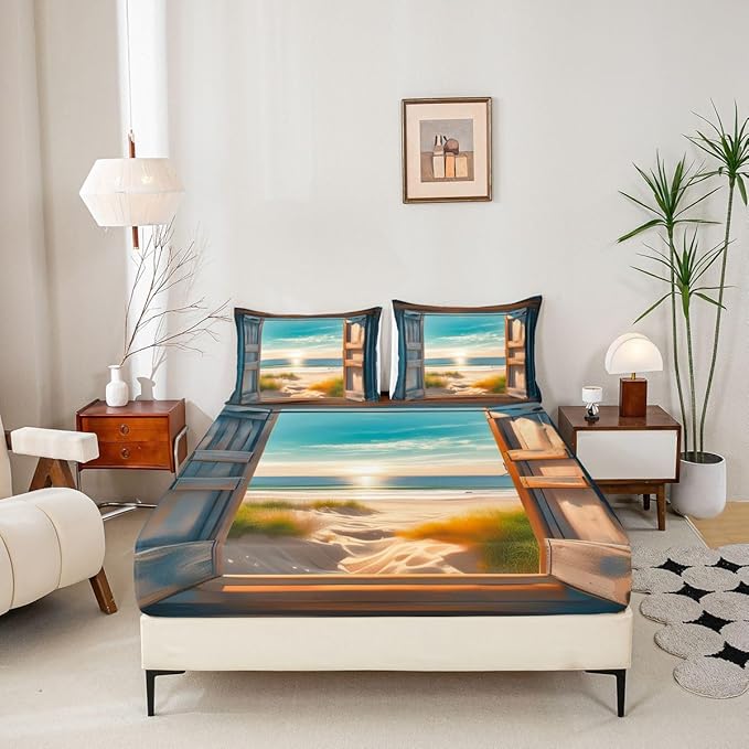 Beach Kids Full Size Fitted Sheet,Sunrise Wooden Door Coastal Boys Girls Bed Sheets,Hawaii Seaside Seascape Room Decor,Brown Blue Bedding Set,2 Pillowcases(No Flat)
