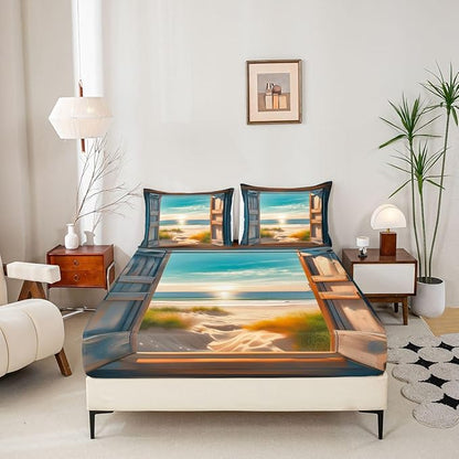 Beach Kids Full Size Fitted Sheet,Sunrise Wooden Door Coastal Boys Girls Bed Sheets,Hawaii Seaside Seascape Room Decor,Brown Blue Bedding Set,2 Pillowcases(No Flat)