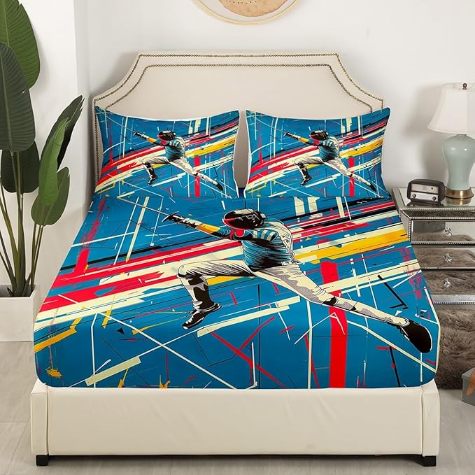 Manfei Fencing Fitted Sheet Full Size, Sports Theme Bedding Set 3pcs, Fencer Player Sword Fighting Bed Cover with 2 Pillowcases, Kids Boys Teens Adults Room Decor, Soft Bedding(No Top Sheet)