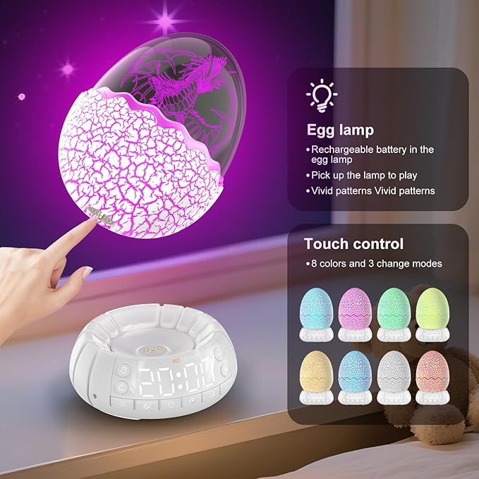 Novelty Alarm Clock with Sunrise Simulation Dragon Egg lamp, 20 Soothing Sounds & Bluetooth Speaker, Portable Touch Control Egg Night Light, Timer Sleep Aid, Unique Gift/Decor