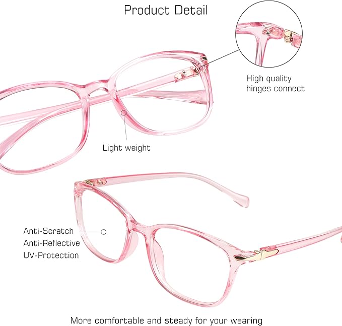 VisionGlobal Blue Light Blocking Glasses for Women, Anti Eyestrain, Computer Reading, TV Glasses, Stylish Square Frame, Anti Glare(Clear Pink,+0.75 Magnification)