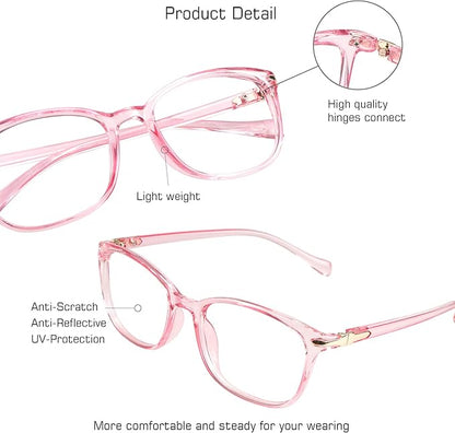 VisionGlobal Blue Light Blocking Glasses for Women, Anti Eyestrain, Computer Reading, TV Glasses, Stylish Square Frame, Anti Glare(Clear Pink,+5.25 Magnification)