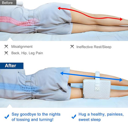 KingPavonini Cooling Knee Pillow for Side Sleepers, Gel Memory Foam Leg Pillows for Side Sleeping with Ice Silk Cover and Strap, Knee Pillow for Back Hip Pain, Spine Aligning, Sciatica, Pregnancy