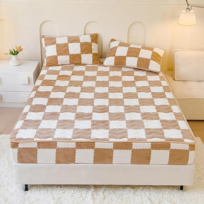 Milk Velvet Checkered Bedding Mattress Cover, Super Soft Elastic Bed Sheets with Pillowcase - Washable 12'' Deep Pocket Mattress Pad