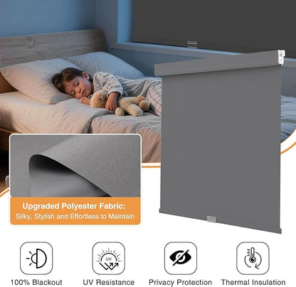 AOSKY No Drill Cordless Blackout Roller Shades with Valance,Customize Blinds for Indoor Windows,Room Darkening Window Shades Pull Down with Free-Stop Spring System, UV Protection for Home Grey