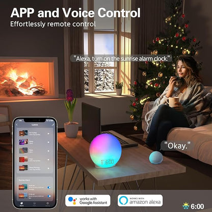 MOMILLA Smart Sunrise Alarm Clock, White Noise Sound Machine Wake-up Light with App Control, FM Radio, Sunset Night Light, Dual Alarms with Snooze Function for Heavy Sleepers Kids