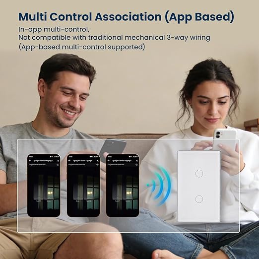 Smart Light Switch,2-Button,Aluminum Frame, Neutral Required,2.4GHz, Tuya Smart Life App,Voice Control,2.5D Curved-Edge Tempered Glass Panel,White