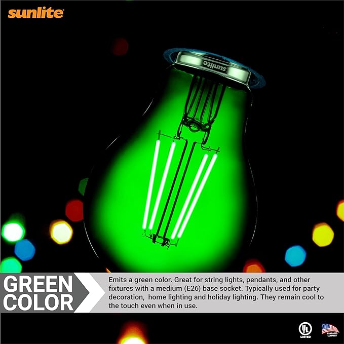 Sunlite 81083 LED Colored Filament A19 Light Bulb, 4.5 Watts, Medium E26 Base, 120 Volts, Transparent Green, Dimmable, 320 Degree Beam Angle, UL Listed, 2 Count