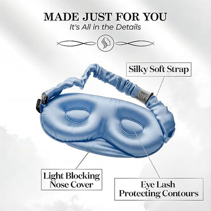 SLEEP SANCTUARY 100% Pure Mulberry Silk Sleep Mask - 22 Momme Light Blocking 3D Contour Silk Eye Mask for Sleeping - Secure Fit for Side Sleepers, Women & Men - Cloud Soft (Misty Blue)