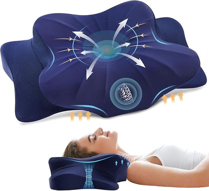 Memory Foam Cervical Pillow for Neck and Shoulder, Ergonomic Contour Cervical Neck Pillow for Sleeping, Cooling Neck Support Pillows for Side Back Stomach Sleeper Standard Size Deep Blue