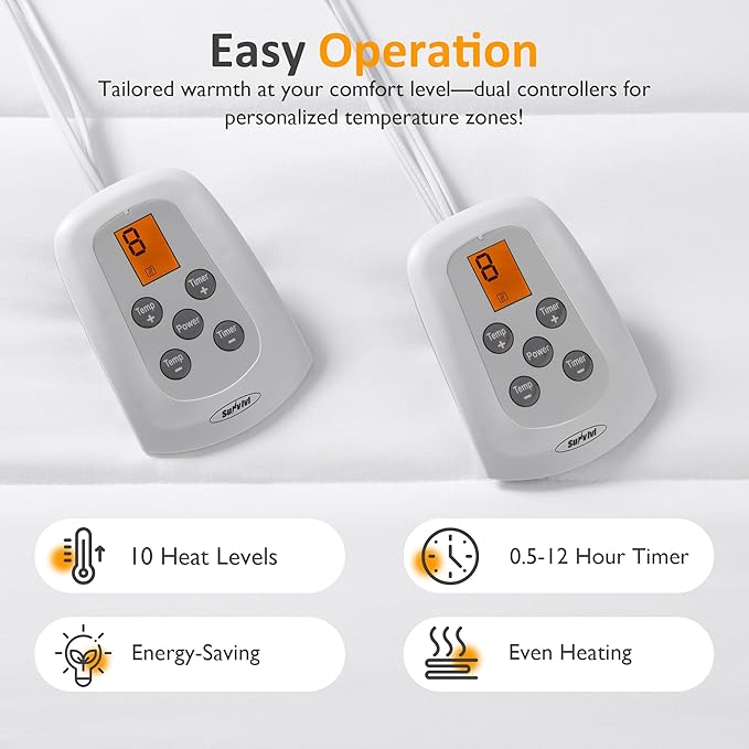 SUNVIVI Queen Size Heated Mattress, Electric Bed Mattress Pad with 12-Hour Timer & 10 Heat Settings, Full Bed Warmer with Dual Controller, Machine Washable, 60" x 80"