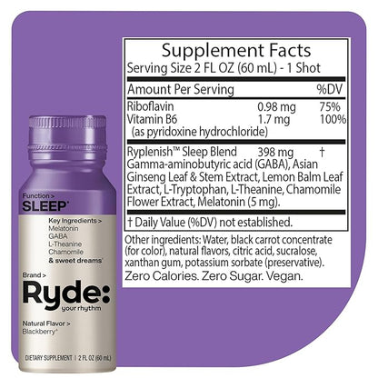 Ryde: SLEEP | 2oz Sleep Shot for Occasional Use | Melatonin, GABA, L-Theanine & Chamomile | Blackberry Natural Flavor | Sugar-Free, Zero Calories, Vegan | Manufactured in USA (8 Pack)