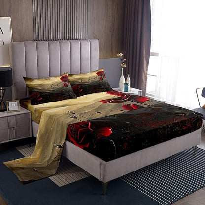 Red Roses Bed Sheet King Set,Romantic Blooming Flowers Vintage Brown Black Sheet Sets Room Decoration,Rustic Nature Mount Moon Sky Glitter Bedding Set with Flat,Fitted Sheet,2 Pillow Cases
