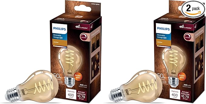 Philips LED Vintage Flicker-Free Amber Spiral A19, Dimmable, Eyecomfort Technology, 400 Lumen, Amber Light(2000K), 6.5W:60W, Title 20 Certified, E26 Base, 2-Pack (565796)