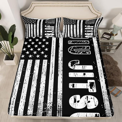 Manfei Jiujitsu Fitted Sheet Full Size, American Flag Print Bedding Set 3pcs, Japanese Judo Sports Theme Bed Cover with 2 Pillowcases, Kids Boys Teens Room Decor, Soft Bedding(No Top Sheet)
