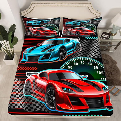 Race Car Themed Bedding Set Twin Size Cartoon Sports Cars Bed Set for Teens Bedroom Decor Kids Sheet Microfiber Speeding Game Bed Cover(1 Fitted Sheet+1 Pillow Case)