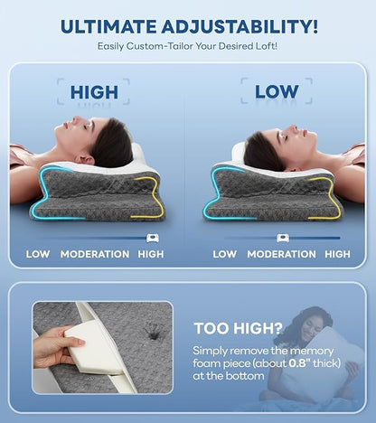 No More Aches Neck Pillow for Pain Relief, Adjustable Cervical Pillow for Neck Support with Armrest,Odorless Ergonomic Contour Memory Foam Pillows,Orthopedic Bed Pillow for Side Back Stomach LightGrey