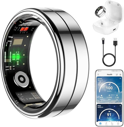 Ring Health Tracker for Women Men, Fit Ring with Heart Rate, Blood Oxygen, Sleep Monitor, Calories, Step Counter, IP68 Waterproof Smart Ring for iPhone & Android, No Subscription Fee (Silver, 7#)