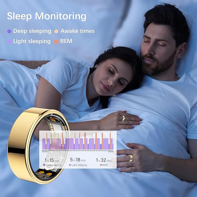 Ring Health Tracker for Women Men, Fit Ring with Heart Rate, Blood Oxygen, Sleep Monitor, Calories, Step Counter, IP68 Waterproof Smart Ring for iPhone & Android, No Subscription Fee (Gold, 14#)