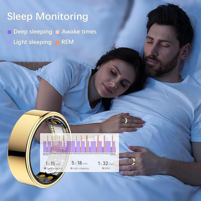 Ring Health Tracker for Women Men, Fit Ring with Heart Rate, Blood Oxygen, Sleep Monitor, Calories, Step Counter, IP68 Waterproof Smart Ring for iPhone & Android, No Subscription Fee (Gold, 8#)