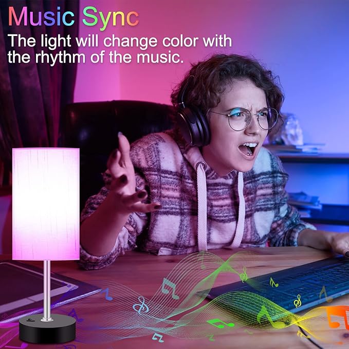 Bedroom Lamp with Smart RGB LED Bulb, Multicolor Changing Table Lamp for Bedroom with 2 USB Port, Dimmable Bedside Lamp Work with Alexa, Smart Nightstand Light for Living Room Sync with Music(2.4GHz)