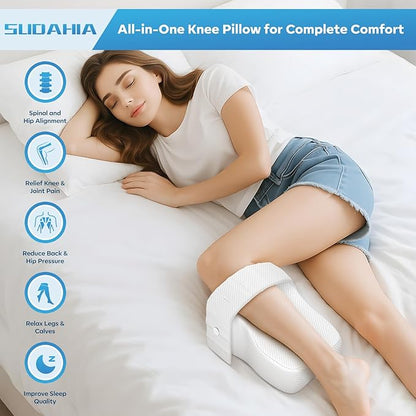 Knee Pillow for Side Sleeper with Adjustable Strap, Memory Foam Leg Support Cushion for Comfortable Sleep, Spine Alignment, and Relief of Sciatica, Back, Hip, Knee & Joint Pain