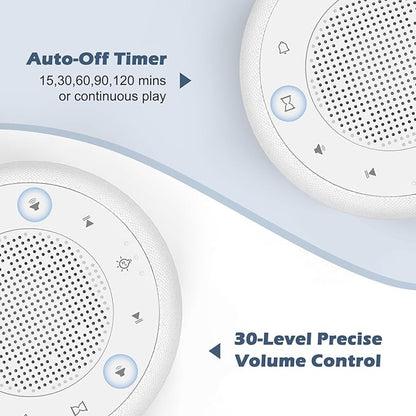 Buffbee Sound Machine & Alarm Clock 2-in-1, 0-100% Clock Face Brightness, Bottom Colored Light, Sleep Timer, Precise 30-Level Volume Control White Noise Machine - White