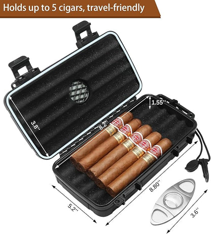 Flauno Travel Cigar Humidor Case - Portable Cigar Box with Humidifier Disc & Cigar Cutter | Waterproof | Crushproof | Airtight | Durable (Holds up to 5 Cigars)