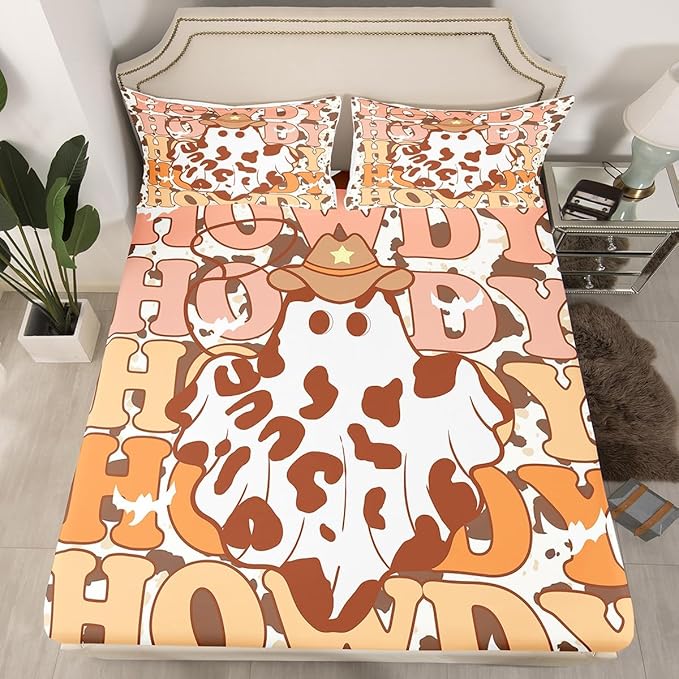 Manfei Western Ghost Bed Sheet Set 3 Pieces,Tribal Cowboy Hat Halloween Cute Ghost Microfiber Bedding Set Without Flat,Brown Cowhide Rustic Cow Fur Print Fitted Sheet,2 Pillow Cases,Full Size