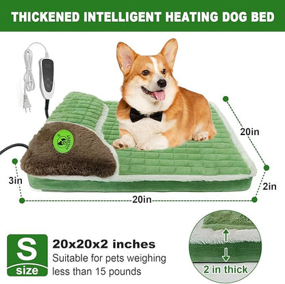 Heated Cat Bed Indoor Washable Bed Memory Foam Soft Dog Bed with Side Pillow, Smart Temperature Control Switch, Removable Cotton Sleeve Wash-Green (Green, 20 x 20 x 2 in)
