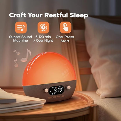 Dekala RestOnn Sunset Sound Machine Sunrise Alarm Clock White Noise Natural Sounds Amber Night Light, 7-day Programmable Dual Alarm Clock, Bluetooth Speaker, 3000mAh Battery Backup, App Control, Black