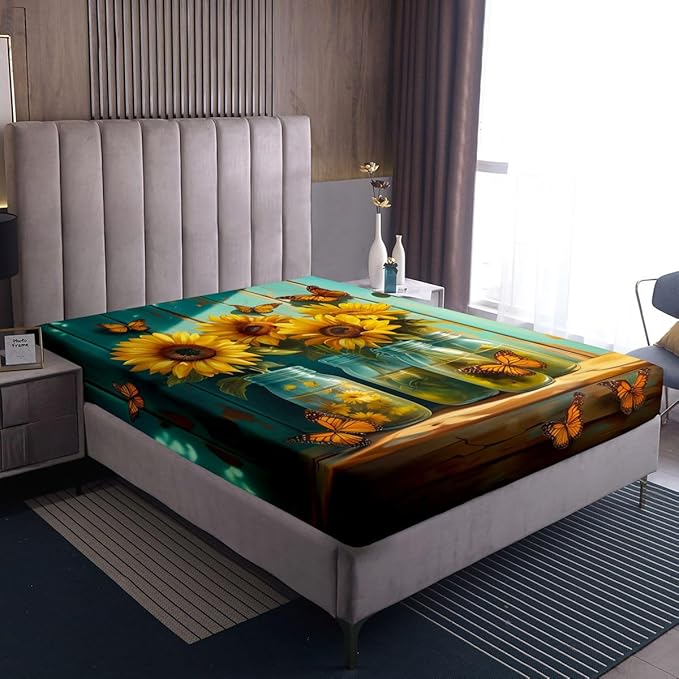 Sunflower Kids Twin Size Fitted Sheet,Flower Farmhouse Floral Boys Girls Bed Sheets,Rustic Butterfly Wooden Room Decor,Yellow Green Bedding Set,1 Pillowcase(No Flat)