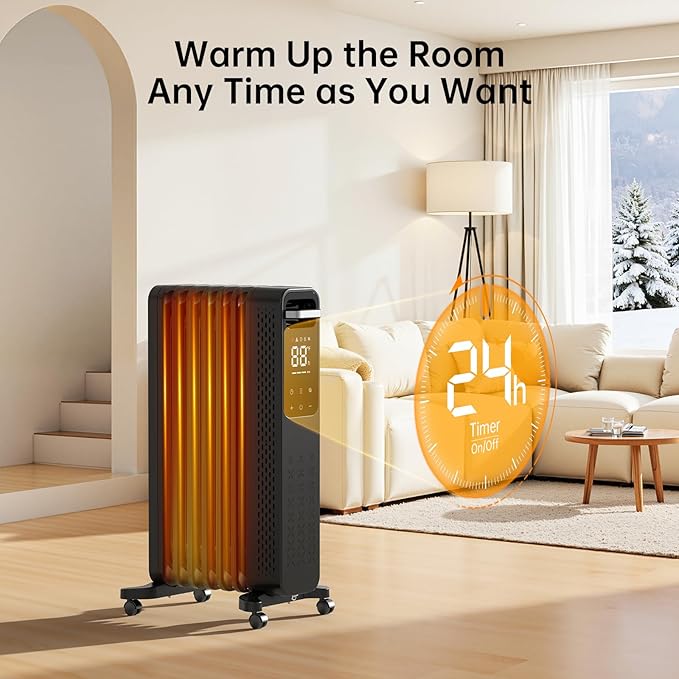 ZAFRO Oil Filled Radiator Heater, 1500W Energy Saving Space Heater with Curved Fin Design, Smart Touch Screen, ECO Mode & 24H On/Off Timer, Tip-Over & Overheat Protection for Bedroom Office Use, Black
