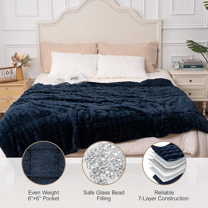 Cottonblue Bubble Weighted Blanket 15lbs Faux Fur Sherpa Heavy Weighted Blankets for Adults, Fits Queen Size Bed, Cute Fuzzy Warm Heavy Blanket for Calm and Better Sleep, 60"x80", Navy Blue