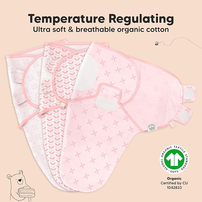 3-Pack Organic Baby Swaddle Sleep Sacks - Swaddles for Newborns, Infant 0-3 Months, Baby Girls, Boys, Soft & Snug Newborn Sleep Sack, Nursery Swaddling Blankets (Blossom, XS)