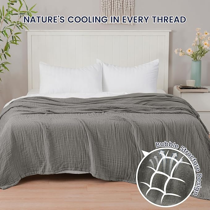 PHF Cooling Muslin Twin Blanket for Hot Sleepers, 60% Rayon Derived from Bamboo, 40% Cotton for Summer, 4-Layer Breathable Gauze Blanket for Bed Couch, 66"x90", Grey