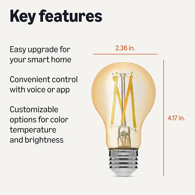 Amazon Basics A19 Smart Filament LED Bulb, Tunable White, 2.4 GHz Wi-Fi, Works with Alexa Only, 1-Pack
