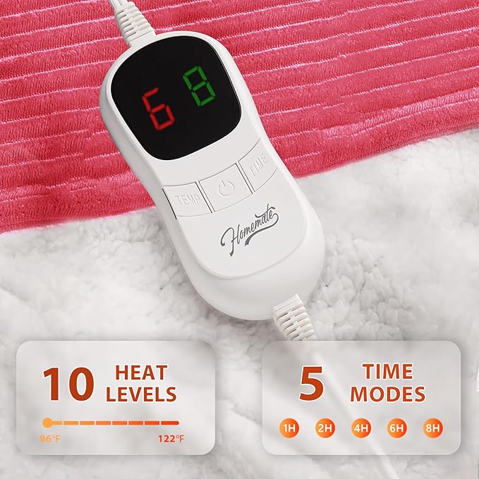 Homemate Heated Blanket Electric Throw - 50"x60" Heating Blanket Throw 1/2/4/6/8 Hours Auto-Off 10 Heat Levels Over-Heat Protection Soft Flannel Sherpa ETL Certification