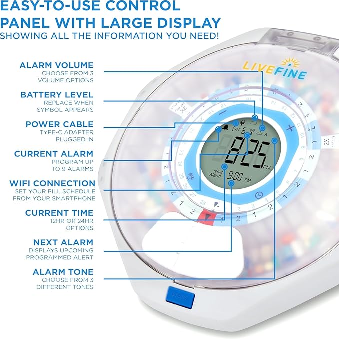 LiveFine WiFi Automatic Pill Dispenser and Remote Medication Monitoring System with Locking Key, 28-Day Medication Organizer Up To 9 Doses Per, Adjustable Light/Sound Alarms For Prescriptions & Vitami