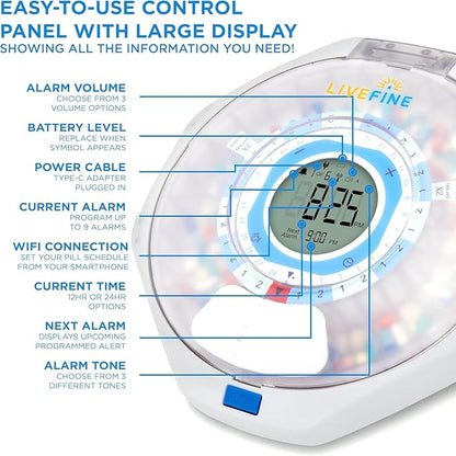 LiveFine WiFi Automatic Pill Dispenser and Remote Medication Monitoring System with Locking Key, 28-Day Medication Organizer Up To 9 Doses Per, Adjustable Light/Sound Alarms For Prescriptions & Vitami