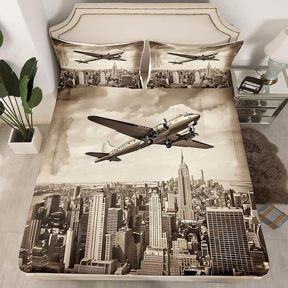 Airplane Kids Fitted Sheet Full Size,High Building Modern Fashion Bedding Set,Boys Girls Room Decor,3D Flying Aviation Aircraft Bed Cover,Brown Retro Bed Sheet,2 Pillowcases