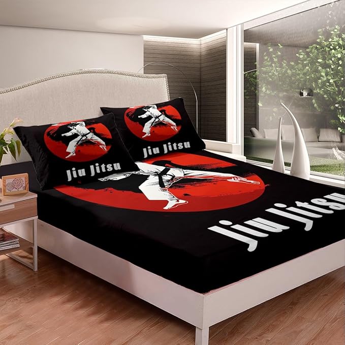 Manfei Jiujitsu Fitted Sheet Queen Size, Japanese Style Sports Bedding Set 3pcs, Judo Sports Theme Bed Cover with 2 Pillowcases, Kids Boys Teens Adults Room Decor, Soft Bedding(No Top Sheet)